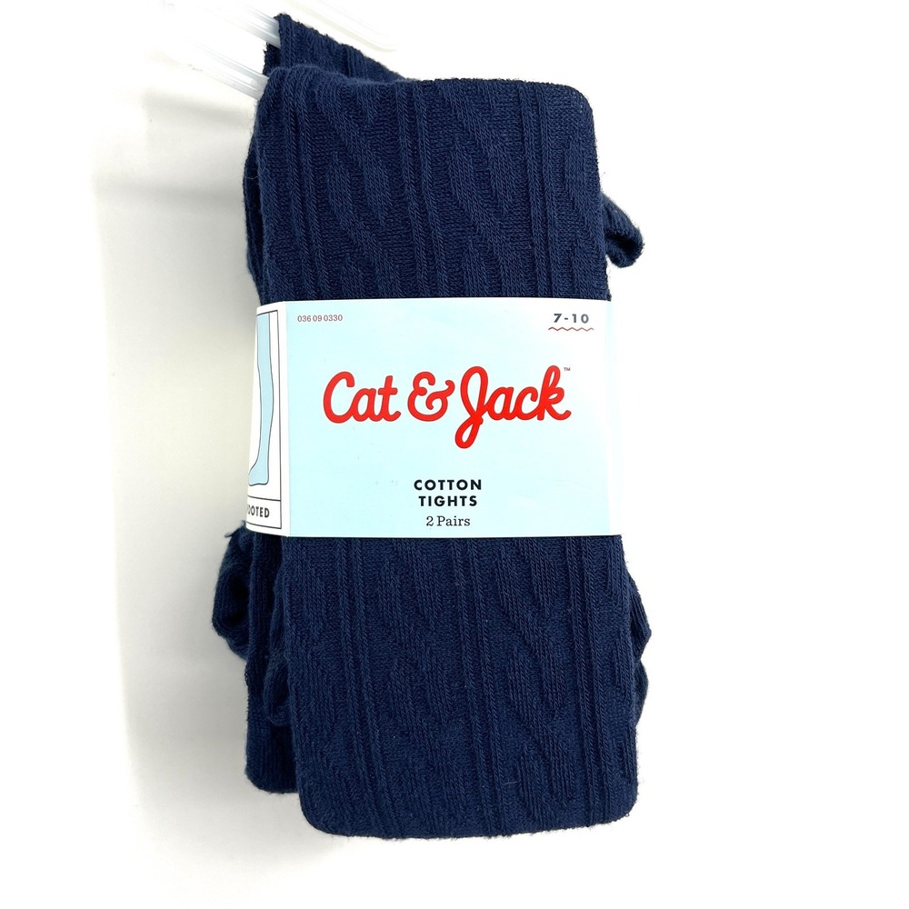 NEW‎ Cat & Jack 2pk navy blue cotton cable knit uniform footed tights girls 7-10